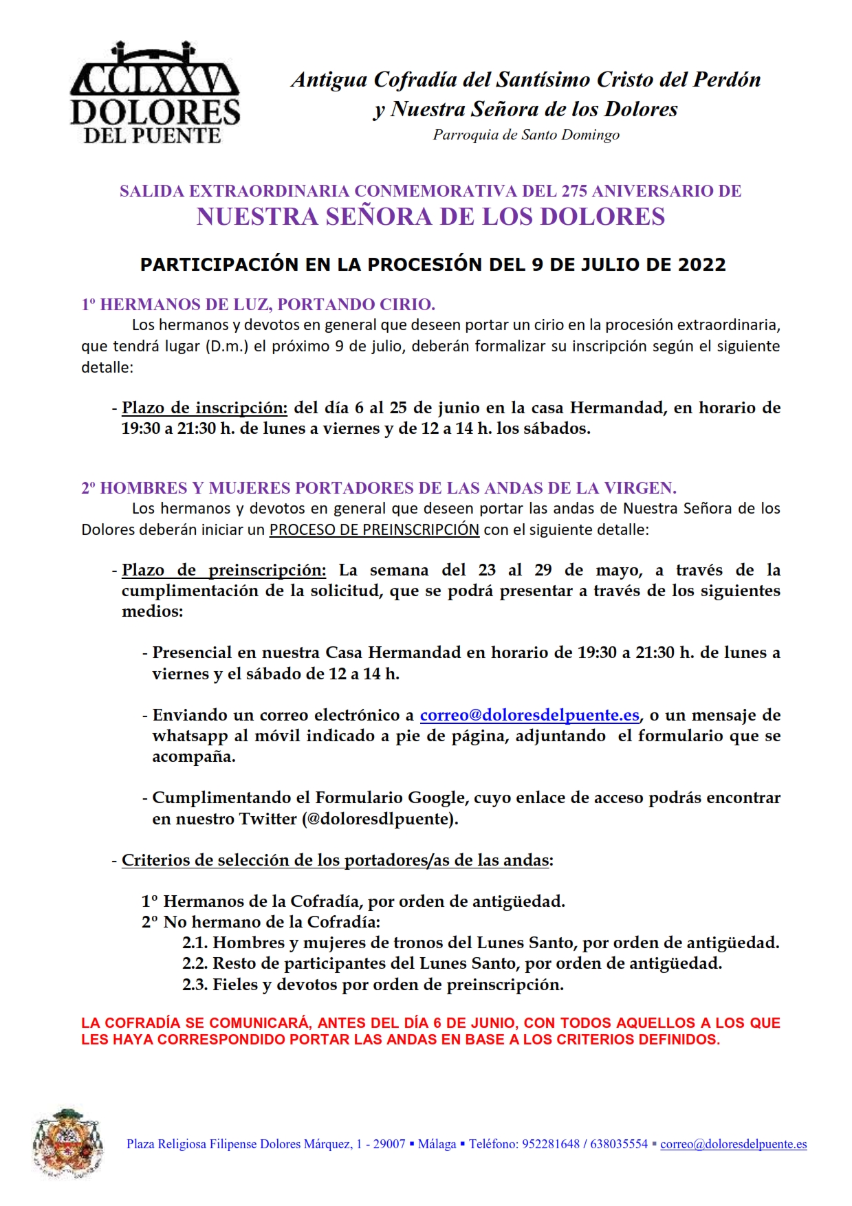 Información para la participacion procesion 275 Aniversario