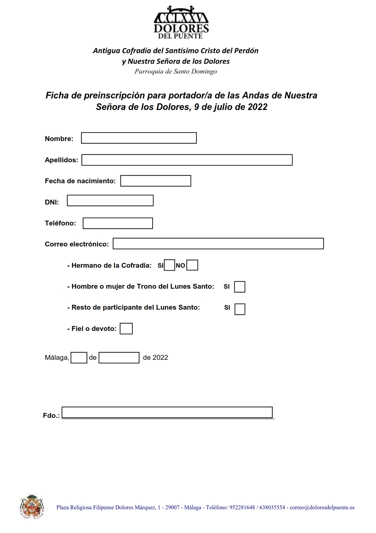 ficha de preinscripcion portador a de las Andas de la Virgen formulario